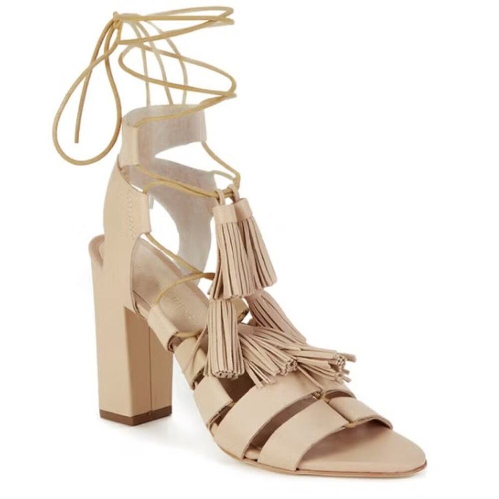 Loeffler Randall Women's Luz Tassel Block Heel Sandals Wheat Tan Size 9.5 Shoes